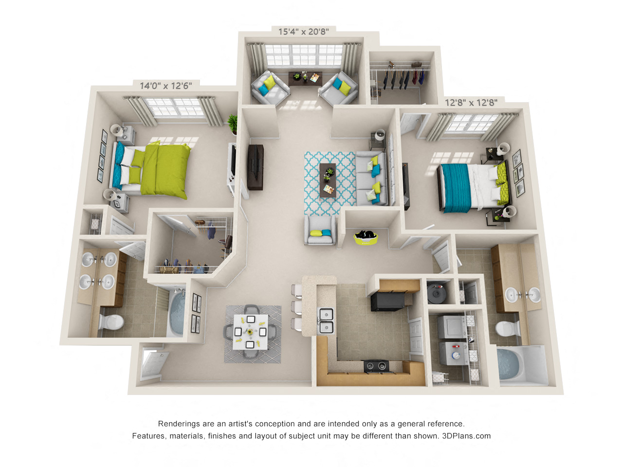 Floor plan for 2 beds, 2 baths, 1239 sqft